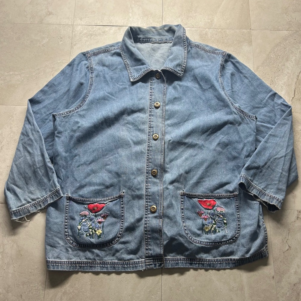 Unbranded Floral Embroidered Denim Jacket Blue Women XL Vintage Style Shacket